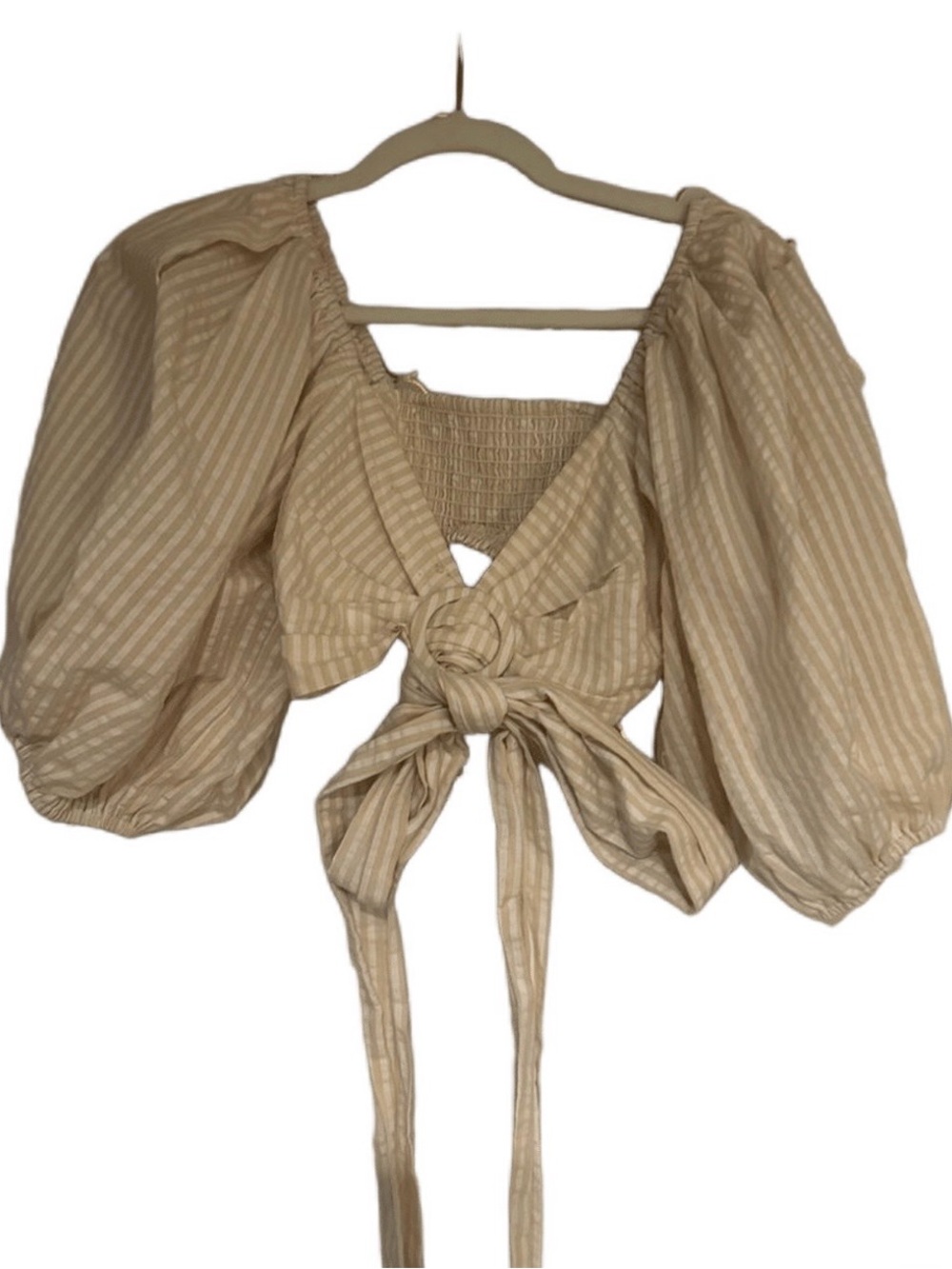 MINKPINK Cream & Yellow Striped Puff-Sleeve Crop Top with Front Tie